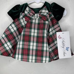 Ashley Ann Baby Girl Holiday Plaid Dress Velvet Bow NWT 0–3M